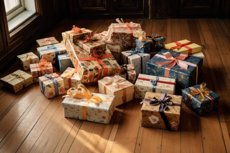 thematic gift boxes of different sizes arranged on the floor, created with generative aiの素材