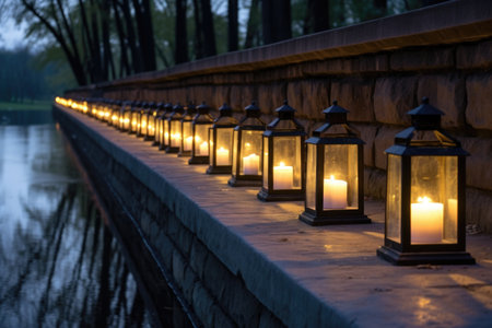 row of lanterns lined up on a stone bridge, created with generative aiの素材