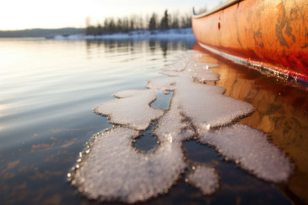 frozen droplet splash marks on a canoe ashore, created with generative aiの素材