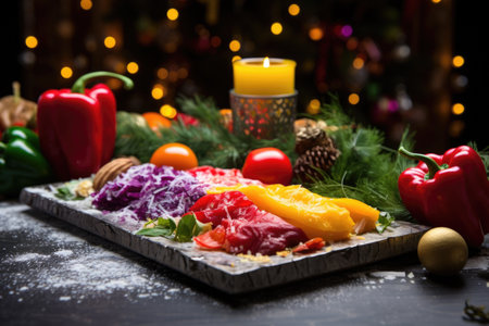 a christmas menu slate placed amid brightly colored bell peppers, created with generative aiの素材
