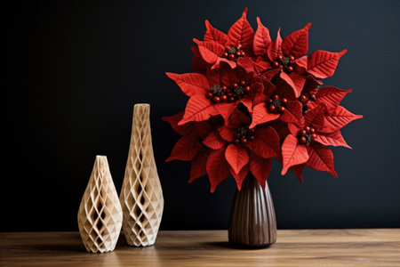 poinsettia plant next to wooden reindeer decoration, created with generative aiの素材