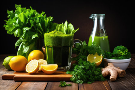 vegetables beside a juicer, created with generative aiの素材