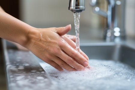 close up of washing hands under tap water, created with generative aiの素材