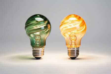 two eco light bulbs turned to each other on white background, created with generative aiの素材