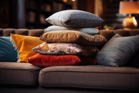 a stack of pillows on a comfortable couch, created with generative aiの素材