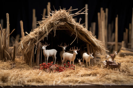 micro model of reindeer barn with hay and antlers, created with generative aiの素材