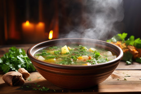 a steaming bowl of vegetable soup on a wooden table, created with generative aiの素材
