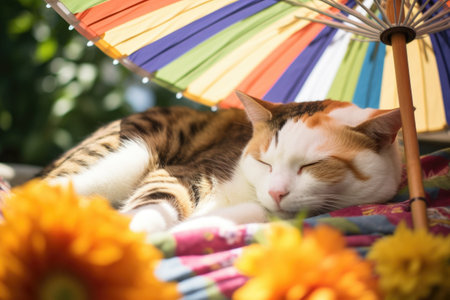 multicolored summer parasol beside a napping cat, created with generative aiの素材