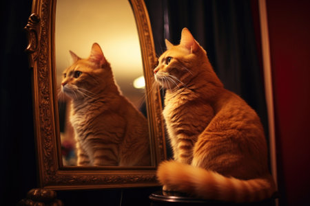 a mirror reflecting a cat watching itself, created with generative aiの素材