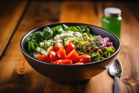 healthy salad bowl with fork on a wooden table, created with generative aiの素材