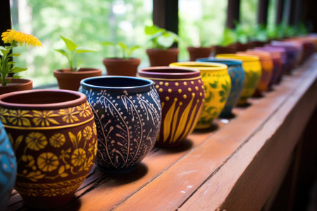 a row of hand-painted clay pots, created with generative aiの素材