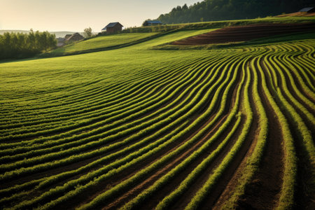 distinct furrows separating plots in a farmland, created with generative aiの素材