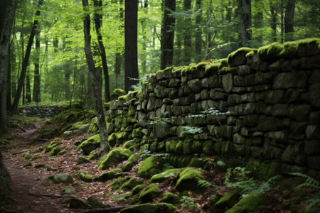 stone wall bordering a serene forest clearing, created with generative aiの素材