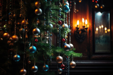 shining orbs hanging from a filled christmas tree, created with generative aiの素材