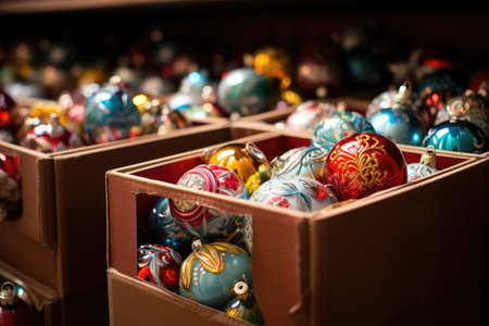 boxes of ornaments ready to be hung on a christmas tree, created with generative aiの素材