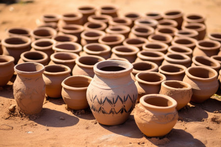 array of small handmade clay pot on the ground, created with generative aiの素材