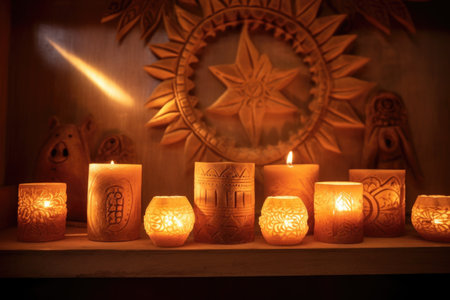 hand-carved sun shapes glowing in candlelight on an altar, created with generative aiの素材