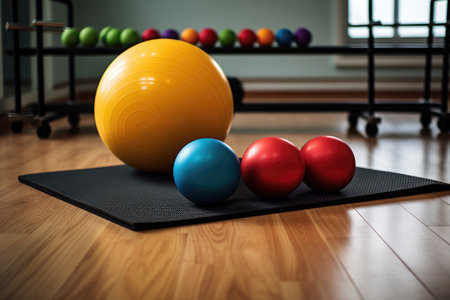 fitness equipment: a pilates ball, yoga mat, and dumbbells, created with generative aiの素材