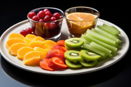 sliced fruits on a plate with a health conscious theme, created with generative aiの素材