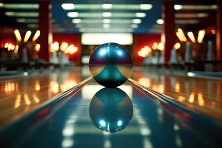 bowling ball and pins positioned on a bowling lane, created with generative aiの素材