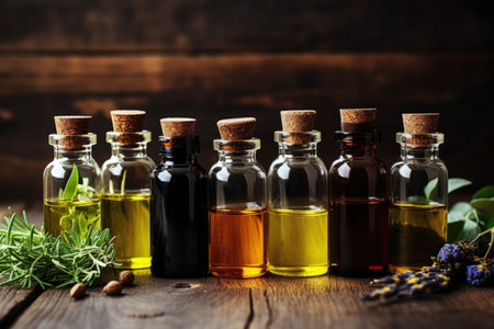 an assortment of essential oils in dark glass bottles, created with generative aiの素材
