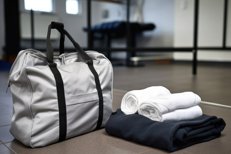 gym bag lying next to a set of fresh sheets, created with generative aiの素材