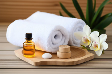 fluffy towels, face cream, and a sleep mask on a wooden bathroom tray, created with generative aiの素材