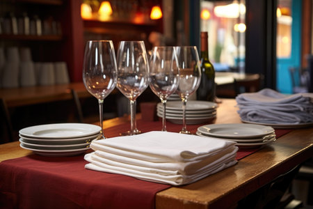 folded napkins, plates, and wine glasses setting on a bistro table, created with generative aiの素材