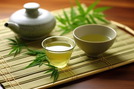 green tea and ceramic teapot on a bamboo mat, created with generative aiの素材