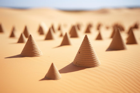 small pyramids placed on a sandy desert miniature, created with generative aiの素材