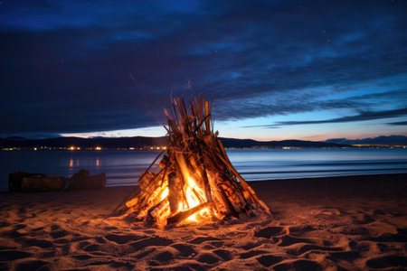 a bonfire in clean sandy beach under starry sky, created with generative aiの素材
