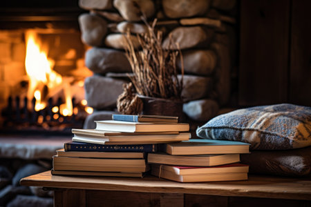 stack of self-help books near a cozy fireplace, created with generative aiの素材