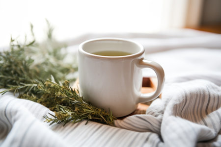 a ceramic mug with calming herbal tea on a nightstand, created with generative aiの素材