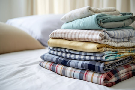 neatly folded pajamas on a freshly made bed, created with generative aiの素材