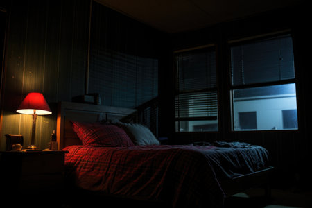 a dimly lit bedroom with ambient night light on, created with generative aiの素材