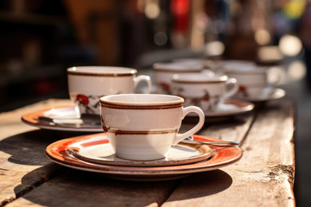 coffee cups and plates on a cafe table, created with generative aiの素材