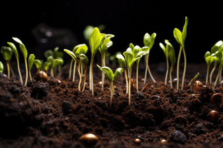 vegetable seeds sprouting from a patch of fertile soil, created with generative aiの素材