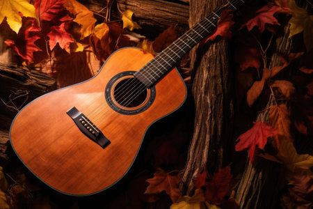 acoustic guitar with autumn leaves around, created with generative aiの素材