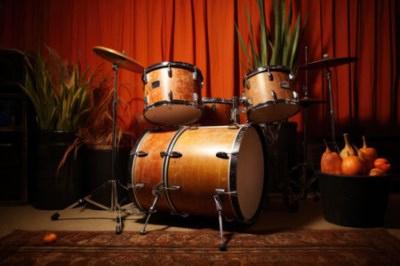 drum set with a pumpkin beside the kick drum, created with generative aiの素材