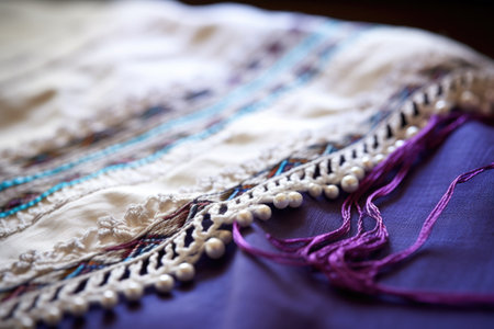 detailed image of tzitzit on the edge of a prayer shawl, created with generative aiの素材