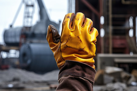 fist in union protection glove against industrial background, created with generative aiの素材