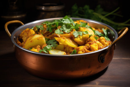 vegan aloo gobi potato and cauliflower curry in a copper pot, created with generative aiの素材