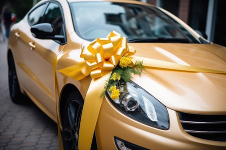 an elegant wedding car decorated with ribbons, created with generative aiの素材
