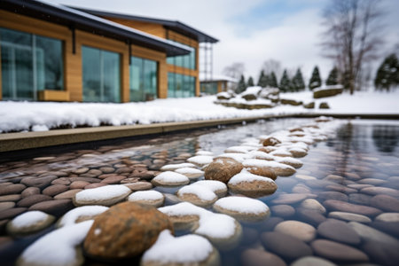zen stones on snow beside spa facility building, created with generative aiの素材