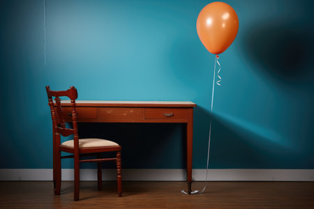 a desk with single number balloon tied to chair, created with generative aiの素材
