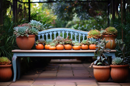 succulent arrangements in terracotta pots on garden bench, created with generative aiの素材