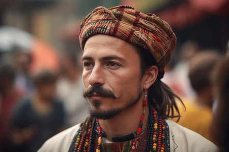 shot of a man in traditional dress at an outdoor festival, created with generative aiの素材