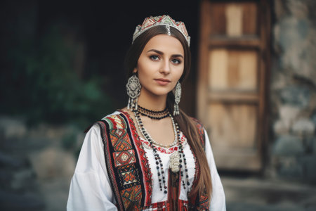 shot of a beautiful young woman in traditional dress standing outside, created with generative aiの素材