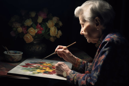 a painter using her paintbrush to add details to a still life picture, created with generative aiの素材