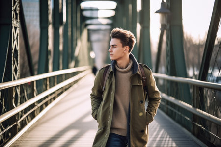 shot of a young man walking on a bridge in the city, created with generative aiの素材
